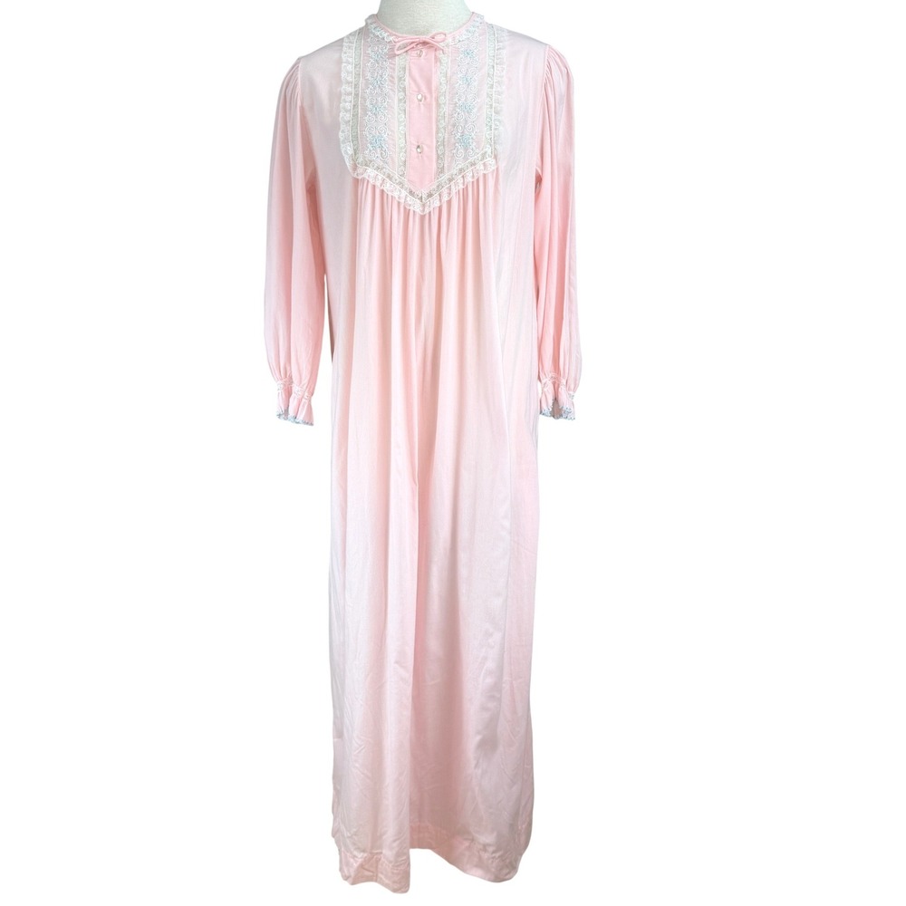 Vintage BARBIZON Flannel Nightgown|M|Pink Maxi Ruffle Lace Coquette Modest Trad